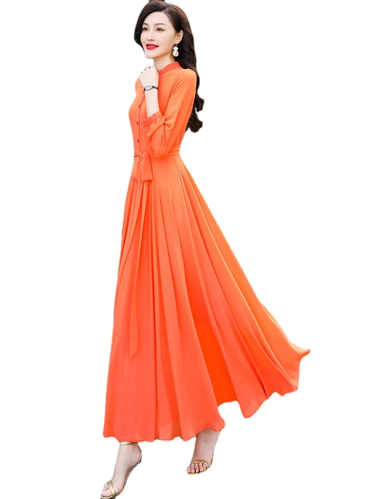 SD30 New High Quality Women's Summer  Orange Long Sleeve Chiffon  Maxi dress with full linning boho dress  dresses  women dress