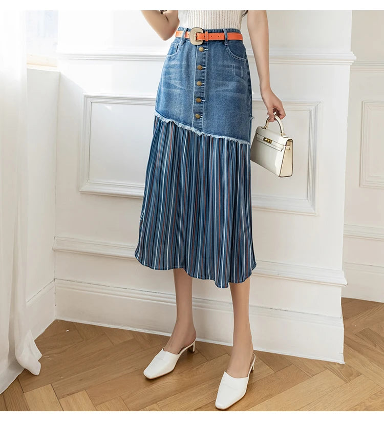 JXMYY 2024 Spring And Autumn Fashion New Large Size High Waist All-Match Women's Denim Skirt Stitching Midi Skirt