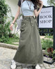 Y2K High Waist Drawstring Cargo Skirt Women Korean Split Midi Skirt Female Fashion Streetwear Solid Big Pocket A Line Skirts