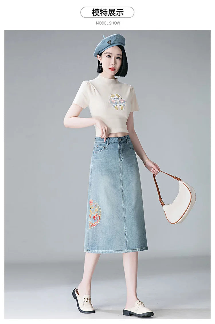 Embroidery High Waist A-line Denim Skirt  Women Elegant Chic Slim Fit Plus Size Midi Skirts