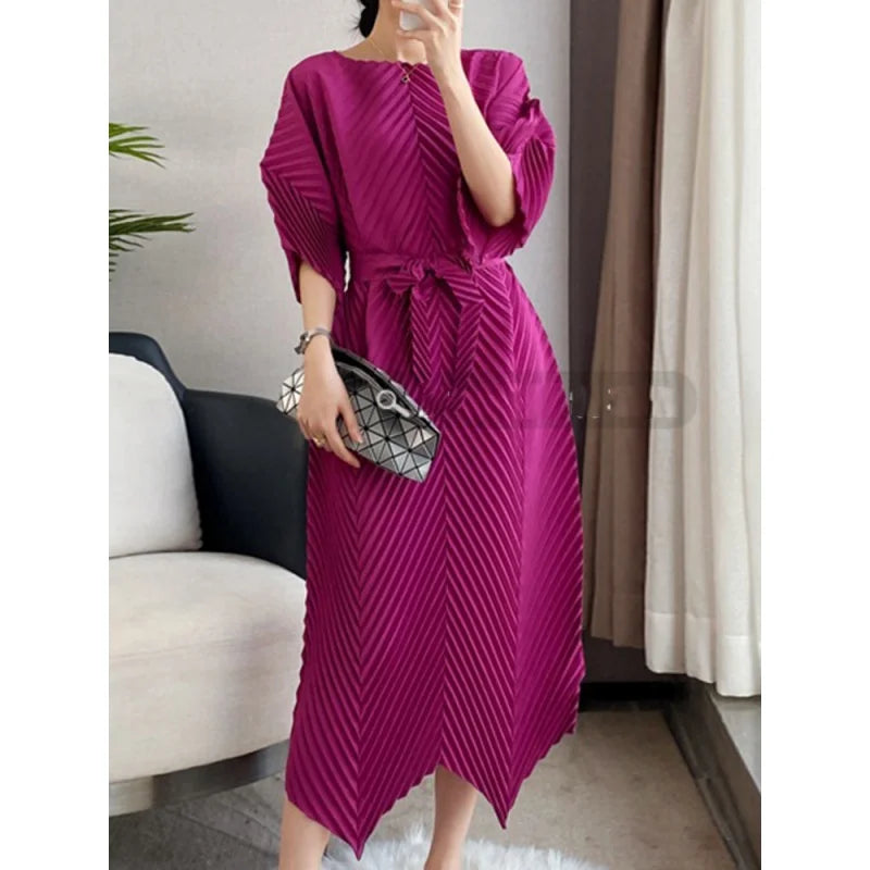 Miyake Lace-up Pleated Dress Women Round Collar Half Sleeve 2023 Spring New Female Solid Color Irregular Fashion Clothing