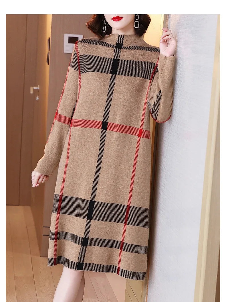 Winter Women's Wool Knitted Dress Striped Half High Collar Vintage Fashion Thick Sweater Style Female Clothing