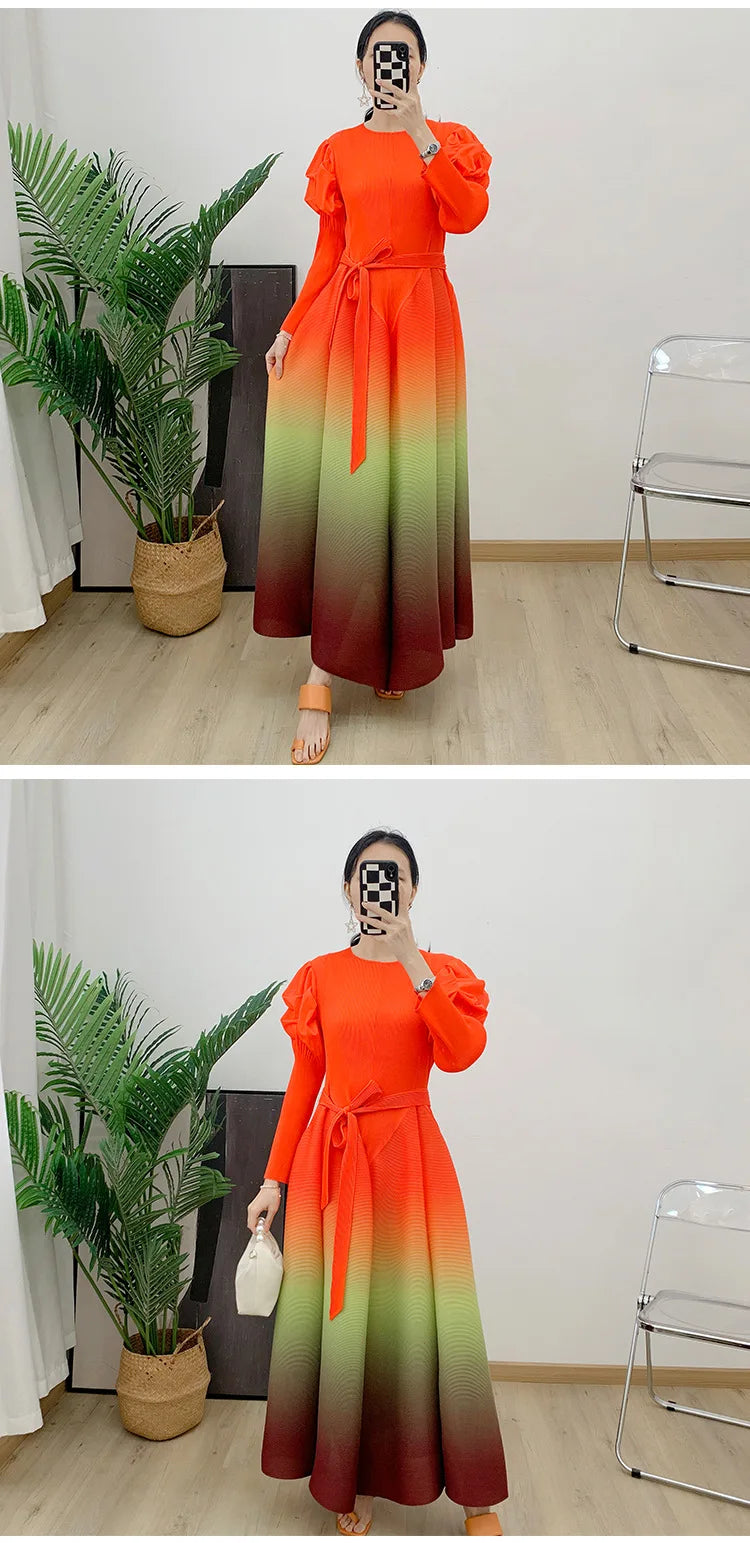 Gradient Pleated Dress For Women Long Sleeves Lantern Style Maxi Dresses 2024 Spring New Female Elegant Clothing 2DA4145