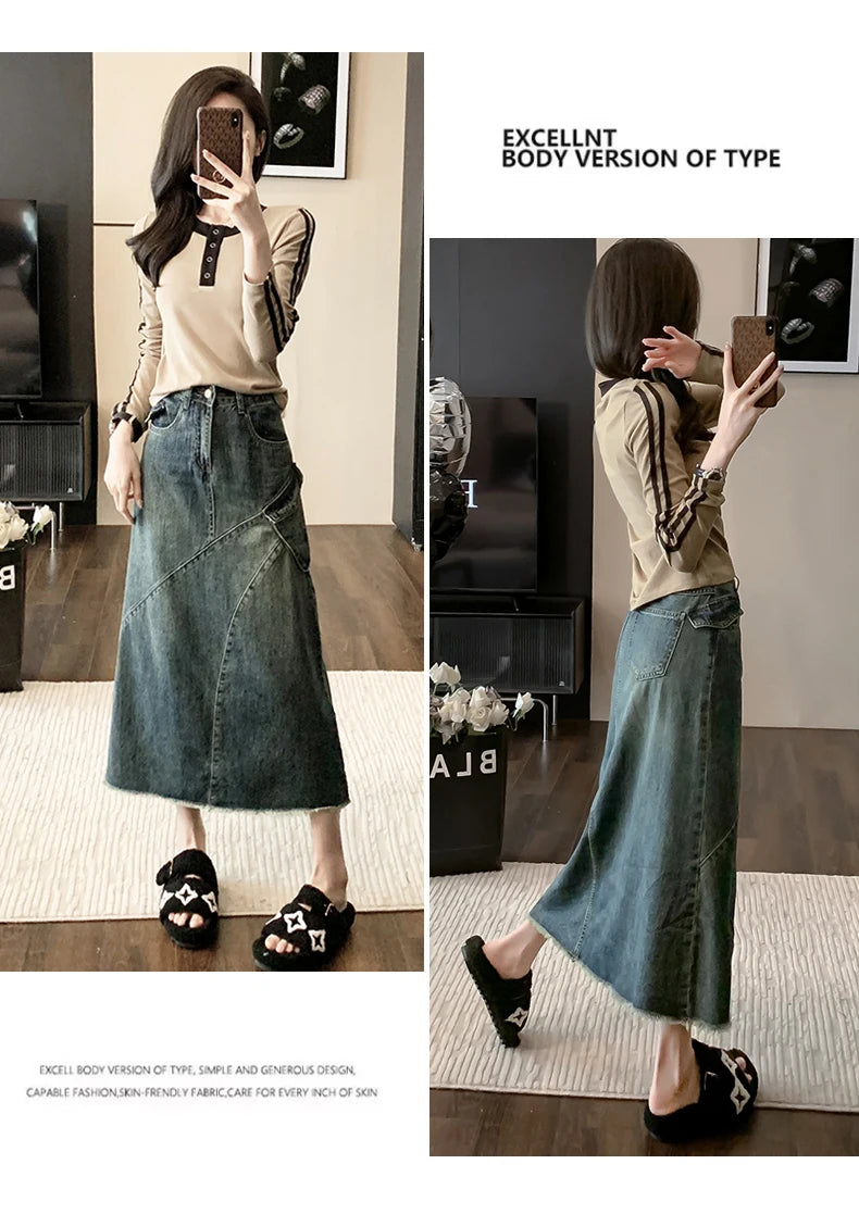 Women's jeans skirt No Elastic High Waist Frayed Raw hem A-Line Maxi Denim Skirt with Pockets patchwork midi A-line Mermaid