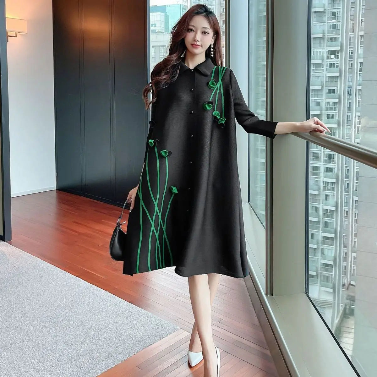 Miyake Pleated Large Size Dress New 2023 Autumn Dress Lapel Print Loose Large Size Fat MM Thin Single-breasted Cardigan Dresses