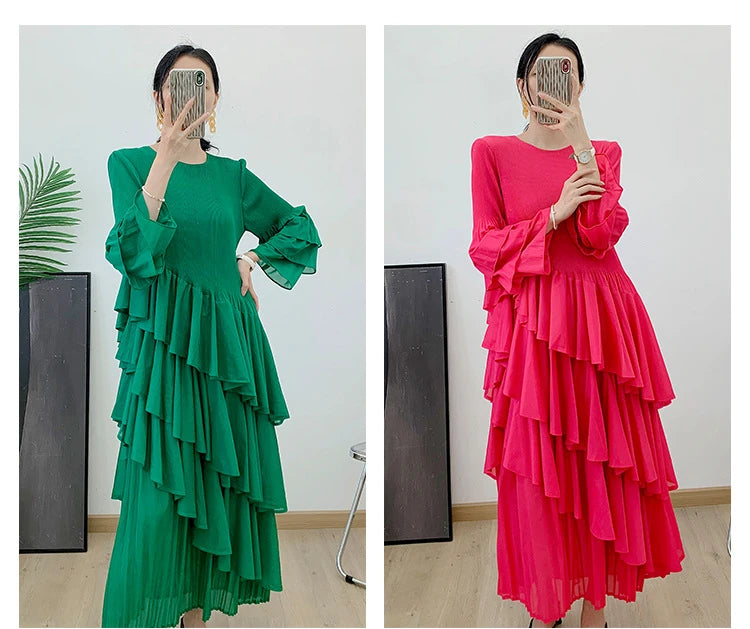 Miyake Spring 2024 Ruffles Pleated Dress Women Long Sleeves Fashion Solid Color High Waist Stitching Dresses Party Clothing New