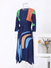 LANMREM Casual Colorful Striped Printed Pleated Dress Women Fashion Contrast Color Belt Dresses 2024 Summer New Clothing 2DA1019