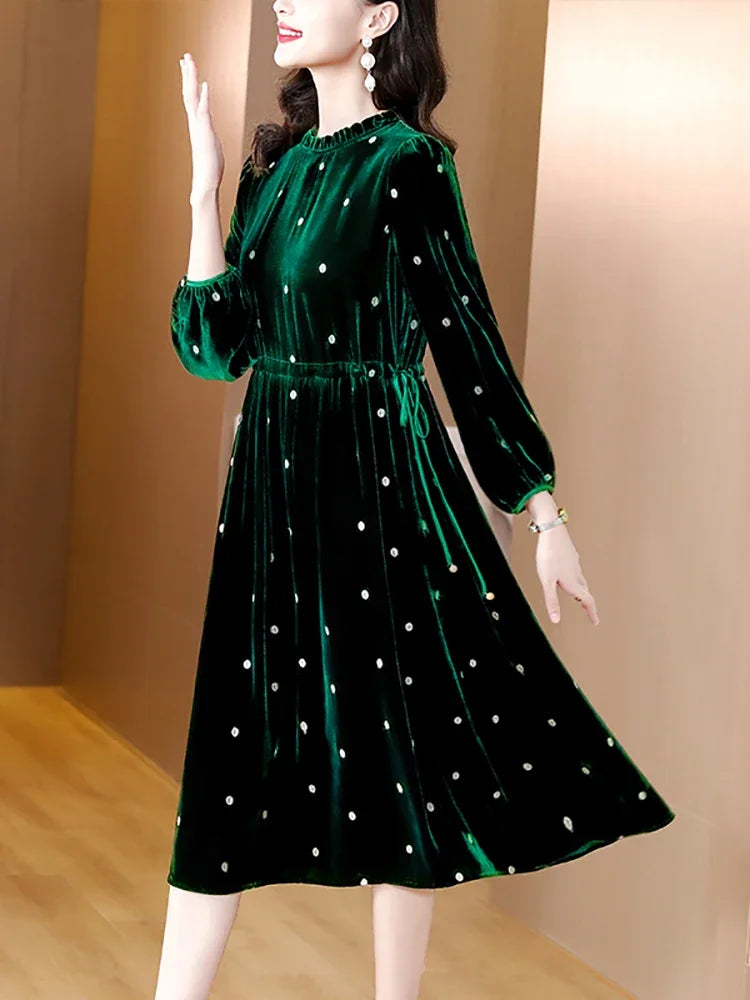 Women Green Polka Dot Velvet Midi Dress Autumn Winter Thick Warm Elegant Casual Dress