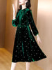 Women Green Polka Dot Velvet Midi Dress Autumn Winter Thick Warm Elegant Casual Dress