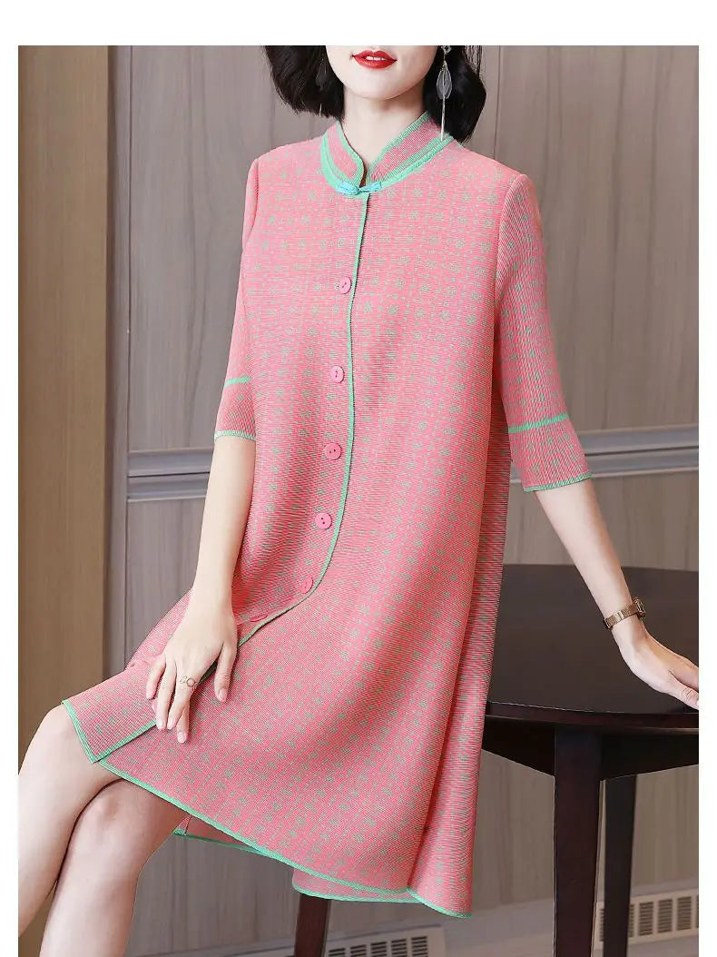 spring summer stand collar simple fashion pleated mini dress female 3/4 sleeve elegant robe women temperament buttons vestidos