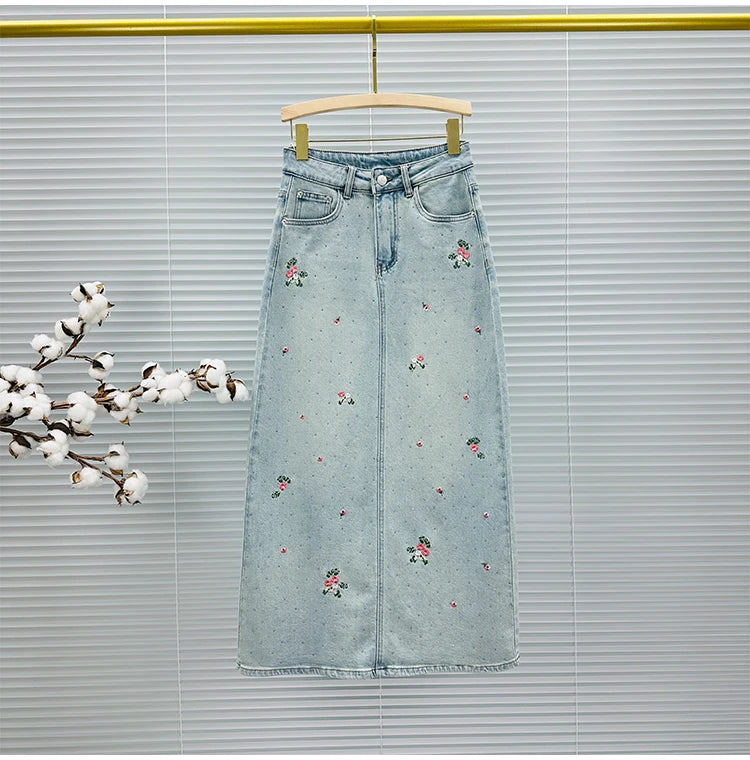 A- Line Embroidered Denim Skirt Women's 2024 Spring and Summer New High Waist All-Matching Split Rhinestone Midi Skirt