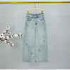 A- Line Embroidered Denim Skirt Women's 2024 Spring and Summer New High Waist All-Matching Split Rhinestone Midi Skirt