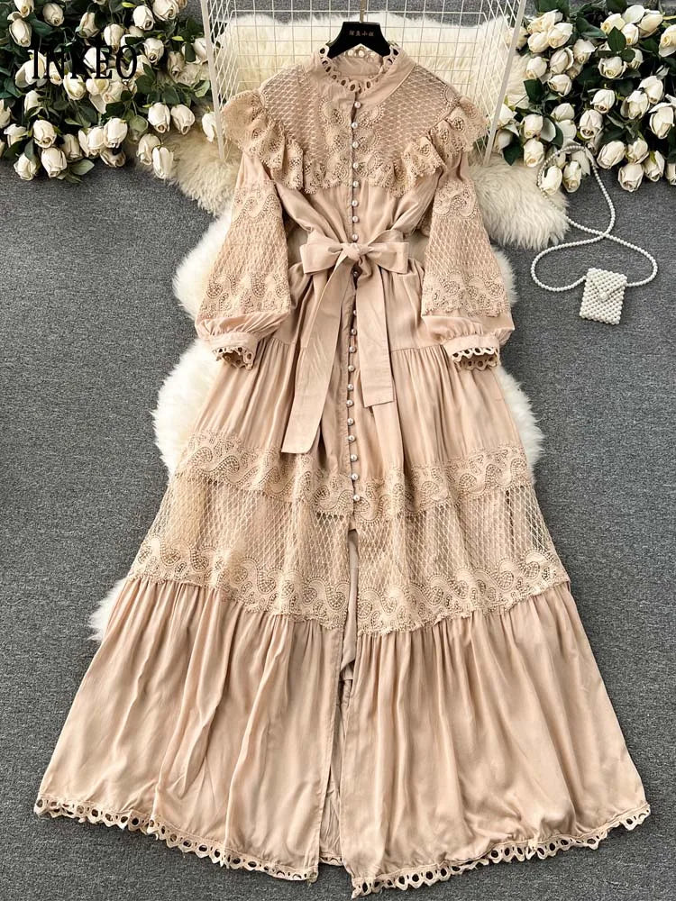 Luxury Elegant Lace patchwork Maxi dress for women 2024 Collection Solid Lantern sashes sleeve Long shirt dresses Summer 4D019