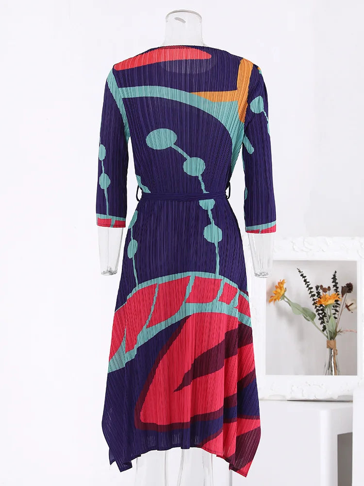 LANMREM Casual Colorful Striped Printed Pleated Dress Women Fashion Contrast Color Belt Dresses 2024 Summer New Clothing 2DA1019