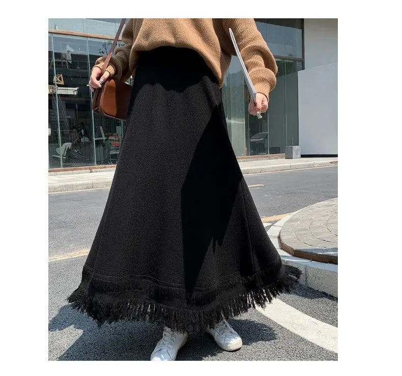 Elegant Tassel Knitted Skirts Midi Length for Women Autumn Winter Warm Thicken A Line Skirt Female Solid High Waist Cozy Skorts