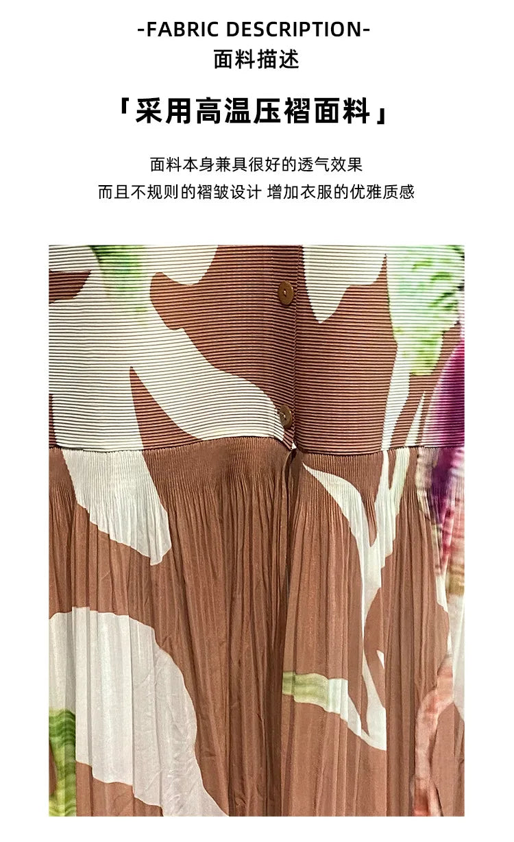 Miyake Pleated Breasted Cardigan 2024 Spring New Women's Printed Lapel and Flower Bud Sleeves Summer Women's Mid Length Dress