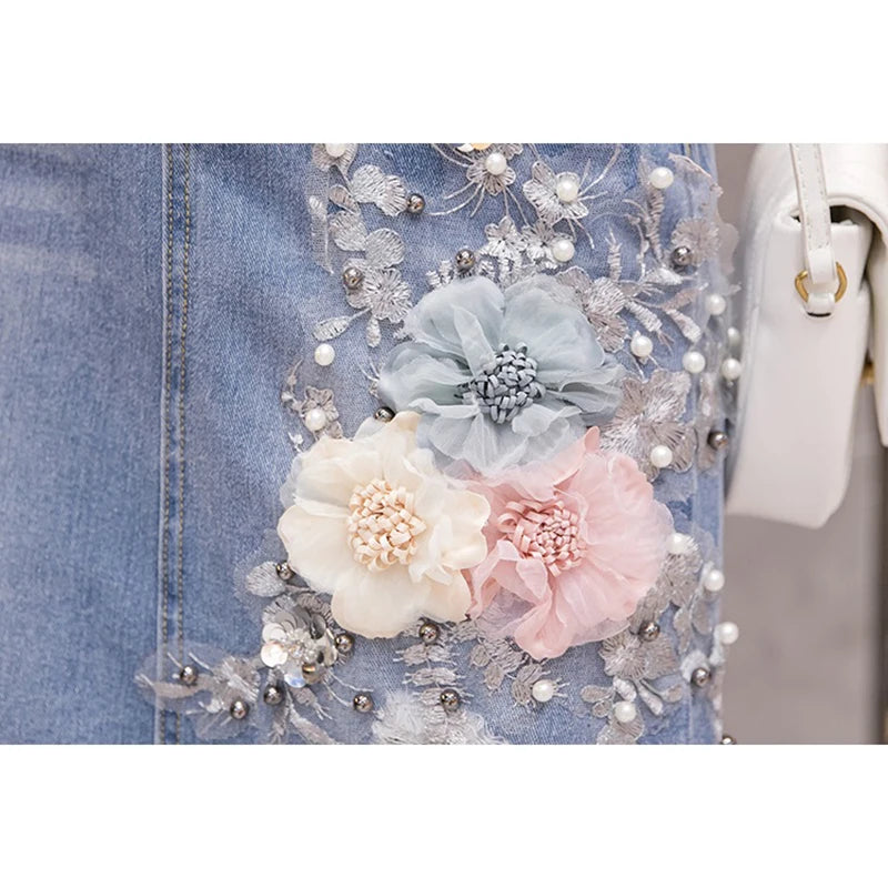 Summer Retro Ripped Hole Embroidered Denim Skirt Female Loose High Waist Three-Dimensional Flower Bag Hip Mid Skirt Women 2023