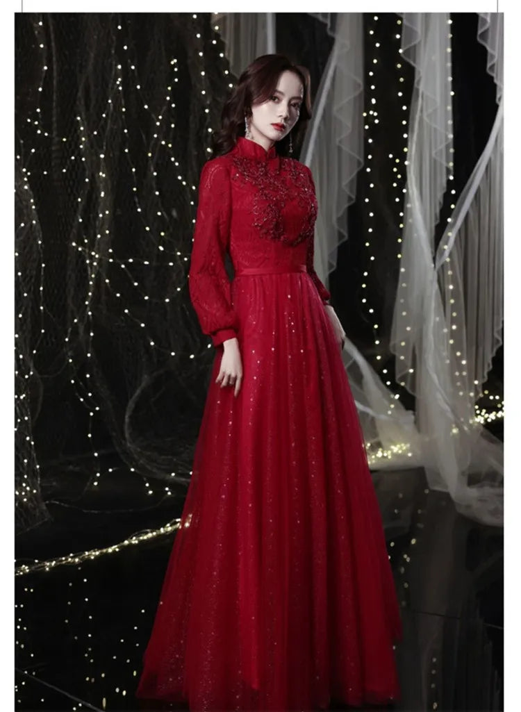 Wine Red Dress Women Spring Autumn New Solid Color Stand Collar Applique Sequins Long Sleeve A-line Skirt Female Clothing M271