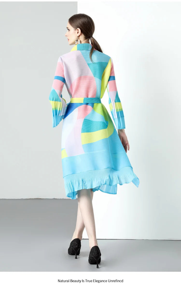 Miyake Pleated Laminated Flared Sleeve Ruffle Edge Geometric Printing Long Trench Coat Skirt Women's Long-sleeved Cardigan Dress