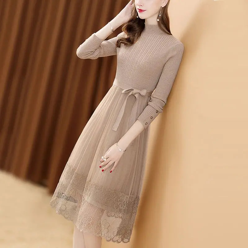 Elegant Stand Collar Spliced Gauze Lace Bandage Ladies Dresses Women's Clothing 2023 Autumn Winter Loose Office Lady Midi Dress