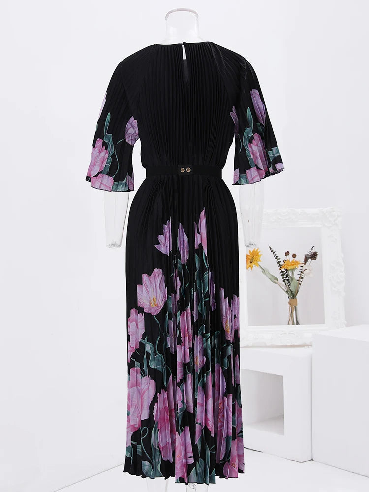 Floral Print Pleated Fashion Dress Women Round Neck Belt Loose Long Dresses