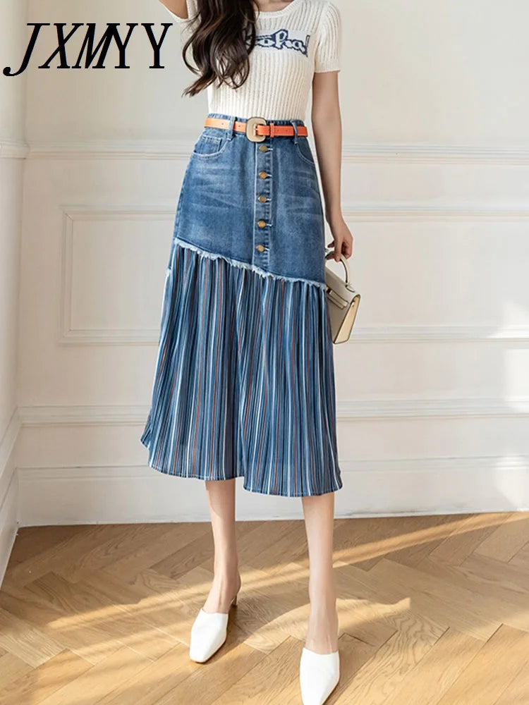 JXMYY 2024 Spring And Autumn Fashion New Large Size High Waist All-Match Women's Denim Skirt Stitching Midi Skirt