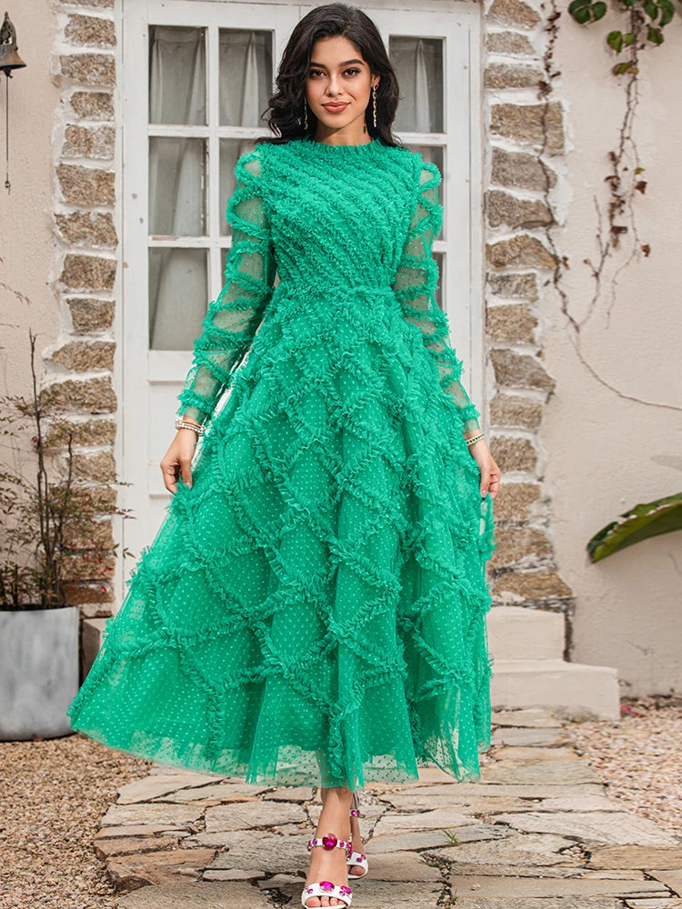 LD LINDA DELLA Fashion Runway Summer Dresses Women Long Sleeve Polka dot Mesh Green Elegant Long Party Dress