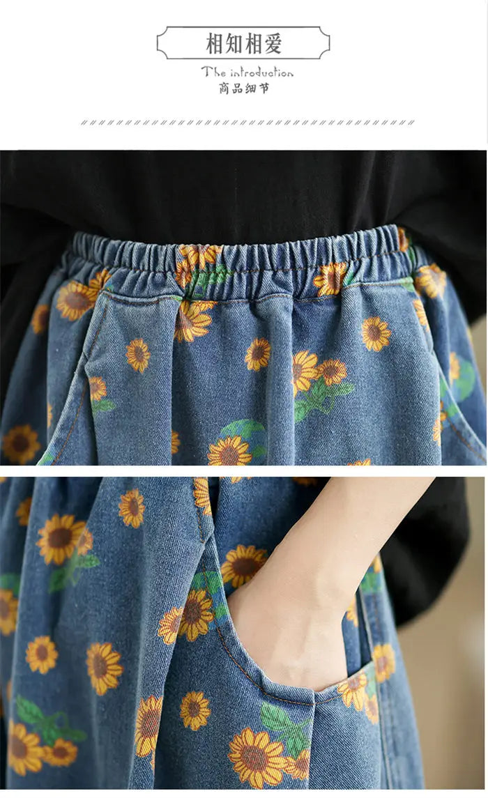 Retro Floral Denim Skirt For Women Autumn 2024 Fashon Printed Elastic Waist Slimming Versatile Bud Skirt Midi Jeans Saias K2229