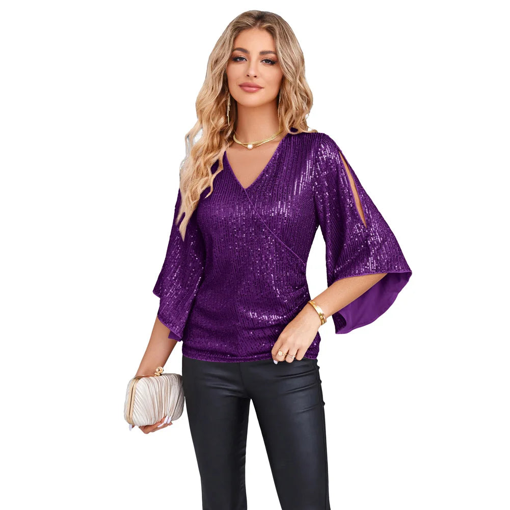 Grace Karin Fashion Women's Sparkle Sequin Party Blouse Tops Shimmer Glitter 3/4 Slit Sleeve Dressy Tops For Women Party Tunic