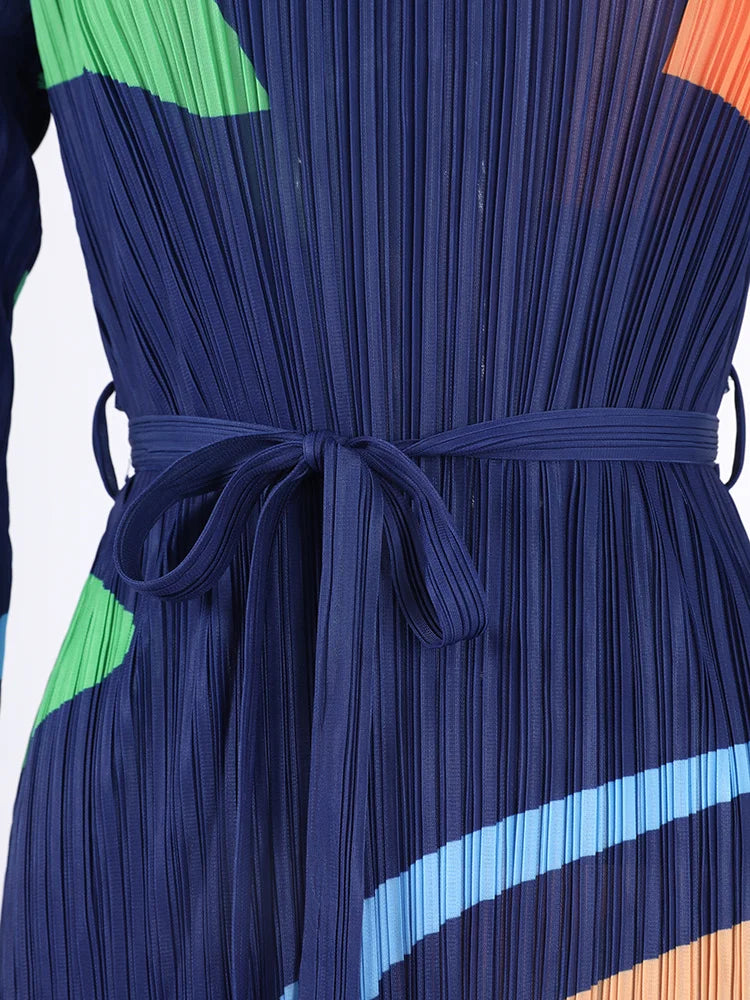 LANMREM Casual Colorful Striped Printed Pleated Dress Women Fashion Contrast Color Belt Dresses 2024 Summer New Clothing 2DA1019