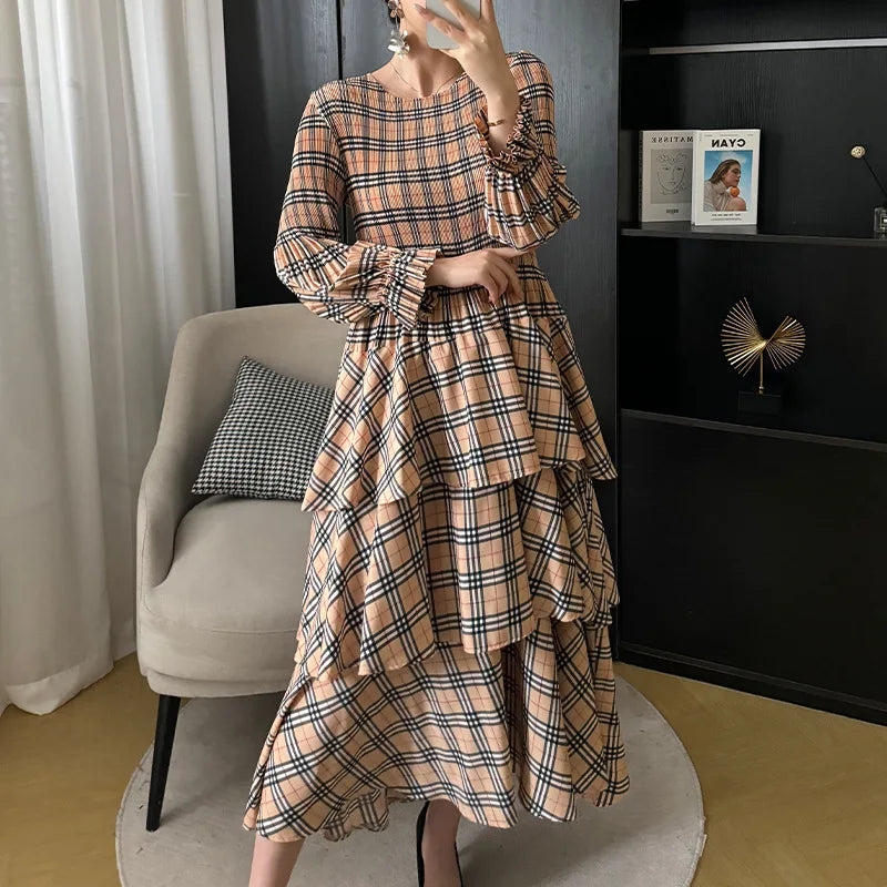 Miyake Plaid Print Dress Women's Spring and Summe  2024 New Loose Fashion Pleated Skirt Pressed Pleated A-line Foreign Dresses