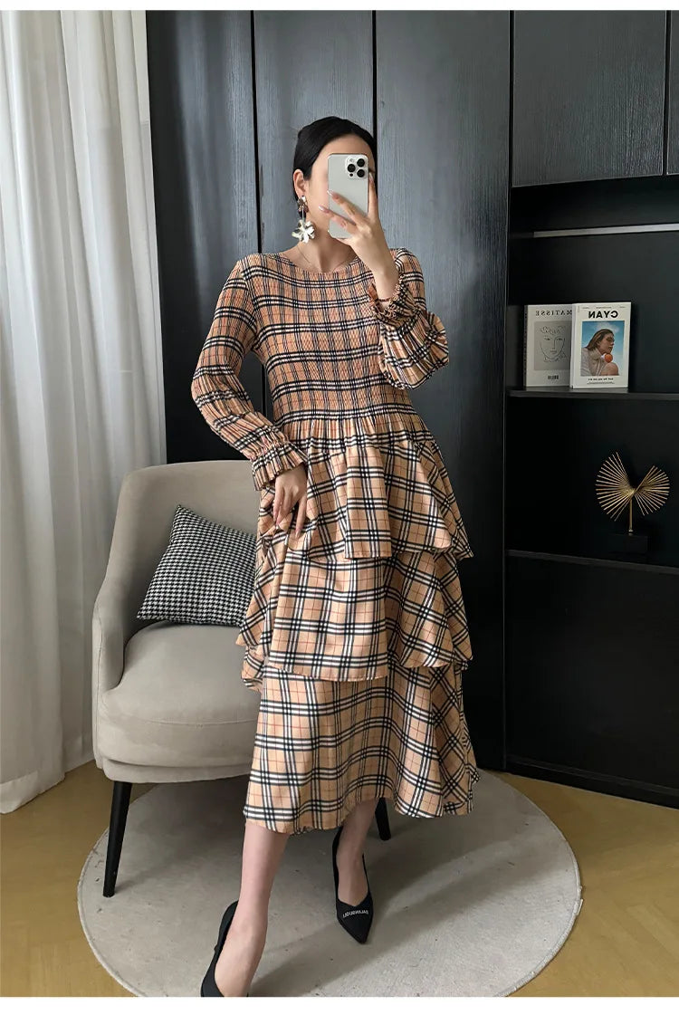 Miyake Plaid Print Dress Women's Spring and Summe  2024 New Loose Fashion Pleated Skirt Pressed Pleated A-line Foreign Dresses