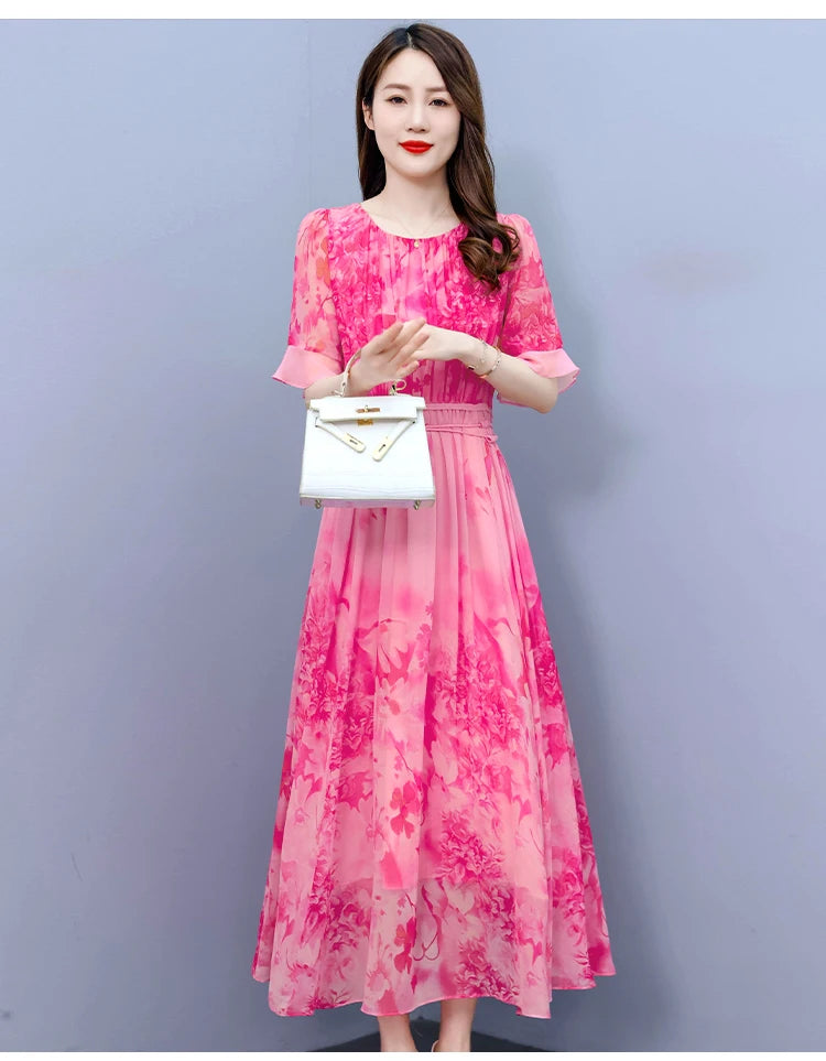 Pink Floral Chiffon Casual Boho Beach Dress Women Chic Butterfly Sleeve Prom Maxi Dress Summer Korean Elegant Party Vestido