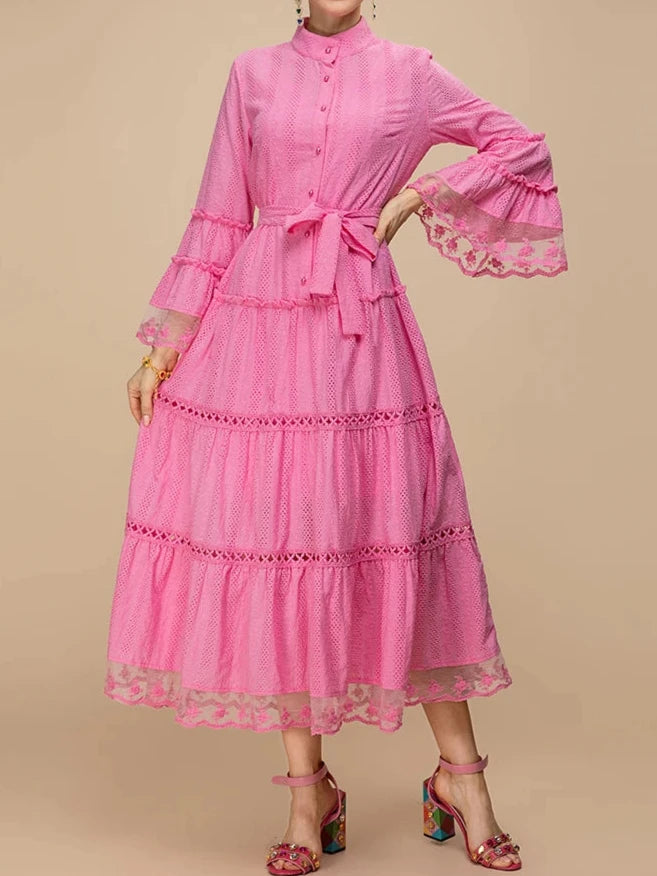 Dress Women stand collar Flare Sleeve Belted Pink  Midi Dresses