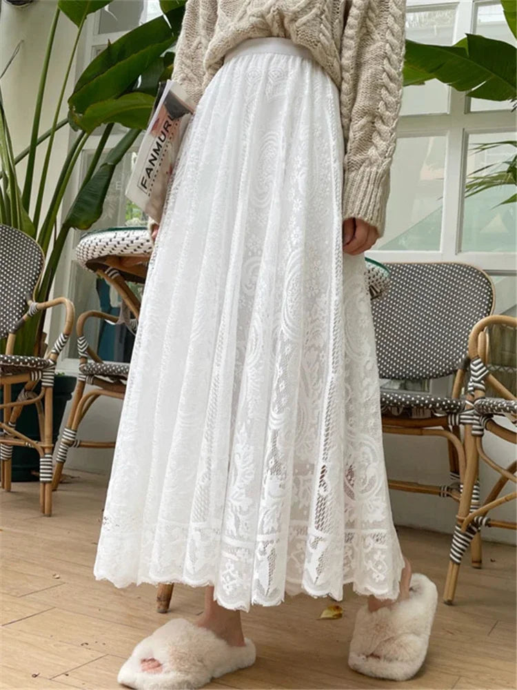 Vintage Women's Lace Crochet Umbrella Long Skirts Bohemian High Waist Hollow Out Female Maxi Skirts Spring Summer