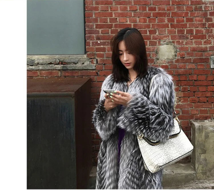 Silver Fox Fur Trench Coat Women's Thick Warm Winter Clothes Faux Fur Coat Long Fluffy Jacket Furry Outerwears Female Overcoat