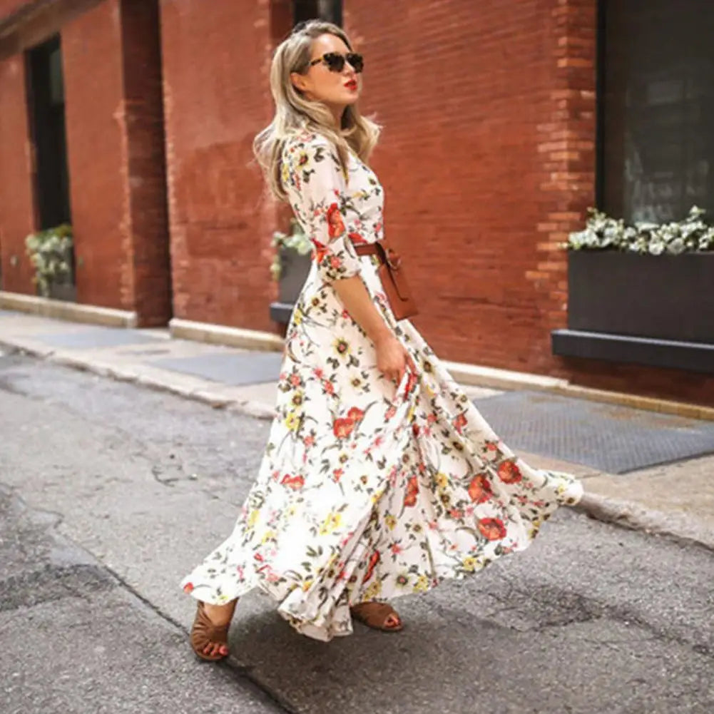 Women Printed Chiffon Dress Spring Autumn Dress Flower Print Maxi Dress A-line High Waist Half Sleeve Soft Breathable for Women