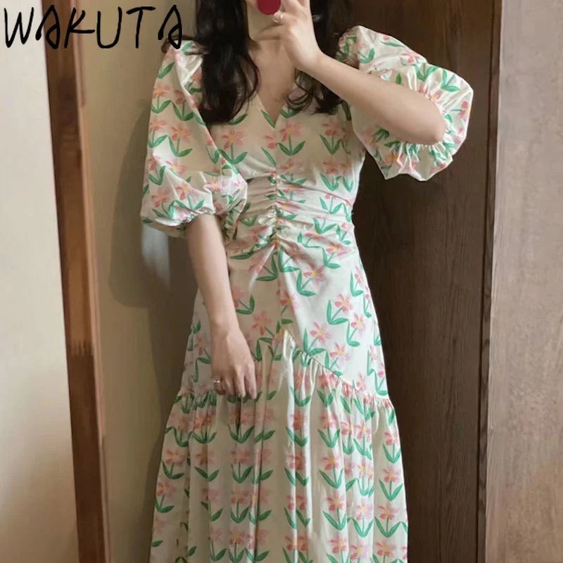 WAKUTA Lantern Short Sleeve Slim Maxi Dress Women Summer 2024 Floral Clothing Korean Style Sweet Elegant Shirring Slim Dresses