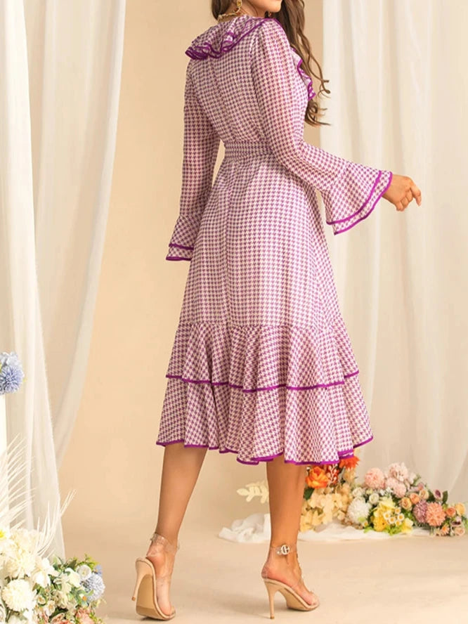 Women's Elegant Purple Plaid Dress Flare Sleeved Ruffles Lace Up Dress