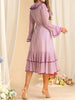 Women's Elegant Purple Plaid Dress Flare Sleeved Ruffles Lace Up Dress