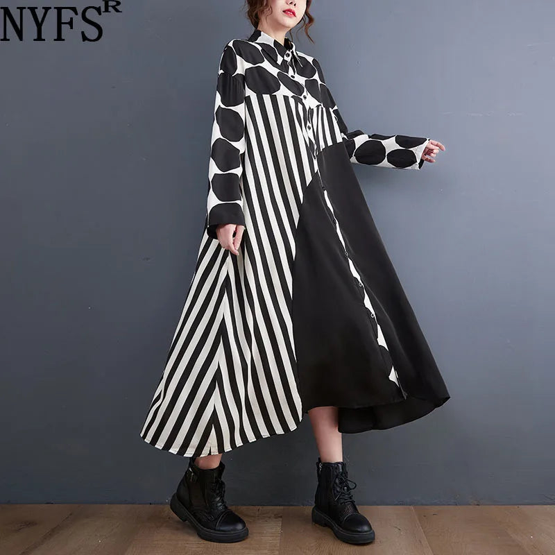 NYFS 2023 Spring Autumn New Woman Dress Vestidos Robe Elbise Loose Big Size Dot Print Office Lady Shirt Dresses