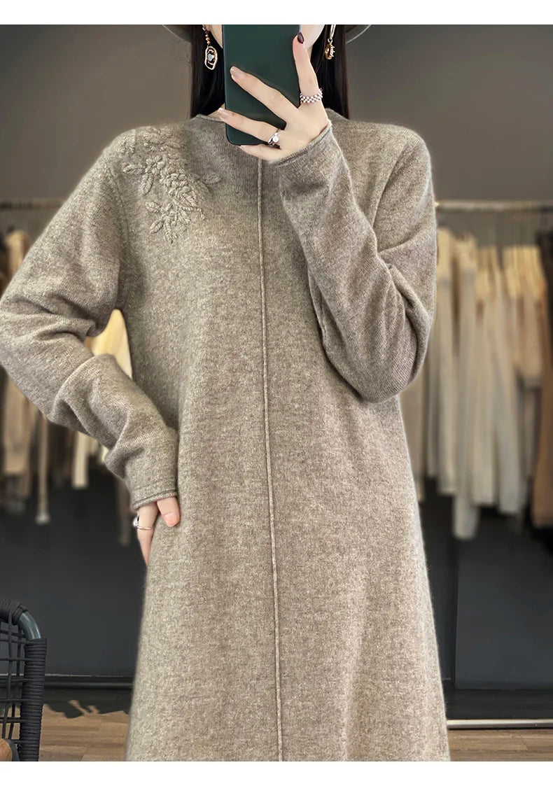 Women's Long Dresses 100% Cashmere and Wool Knit Jumpers, Lady Pullovers,