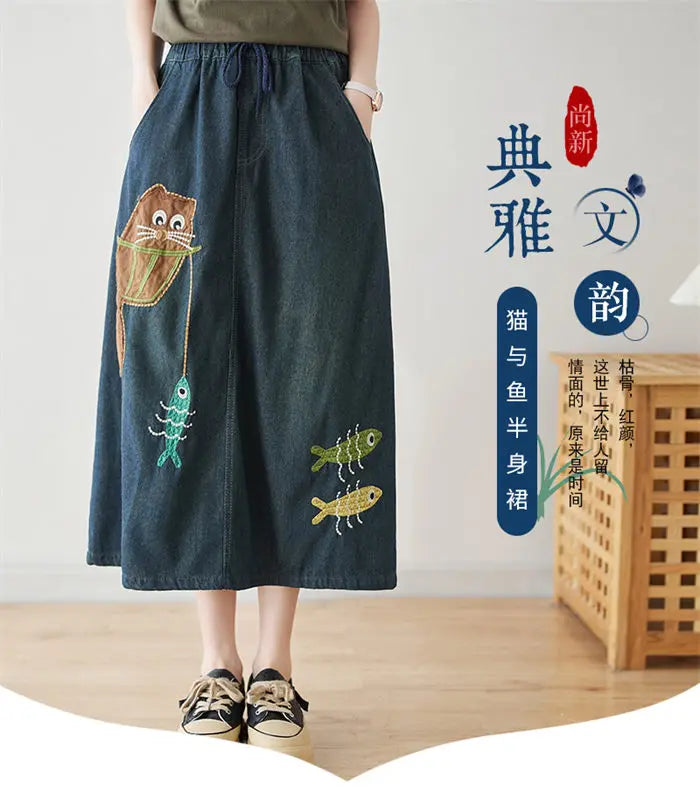 Versatile Retro Art Embroidery Denim Skirt 2024 Spring Summer Versatile Loose Casual A-Line Skirt For Women Jeans Saias K617