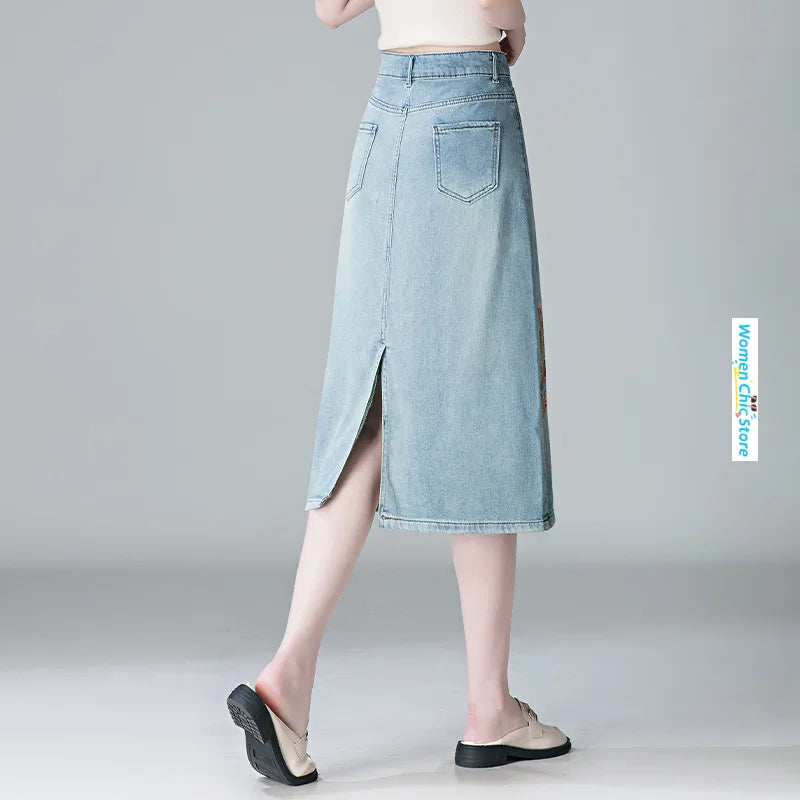 Embroidery High Waist A-line Denim Skirt  Women Elegant Chic Slim Fit Plus Size Midi Skirts