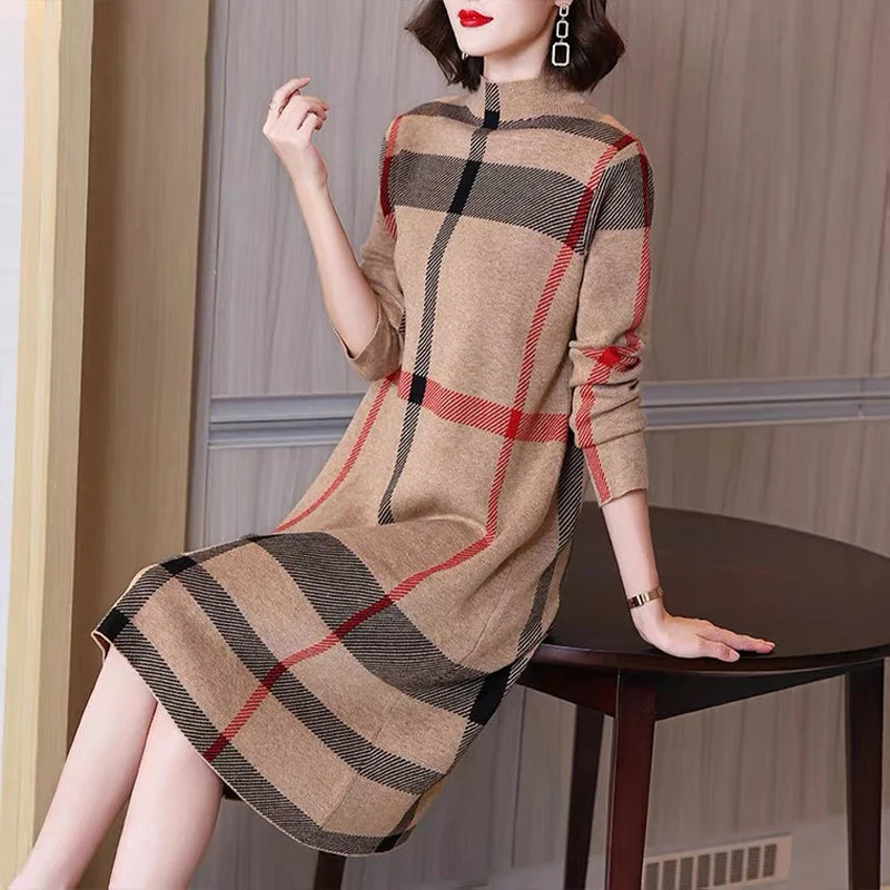 Winter Women's Wool Knitted Dress Striped Half High Collar Vintage Fashion Thick Sweater Style Female Clothing