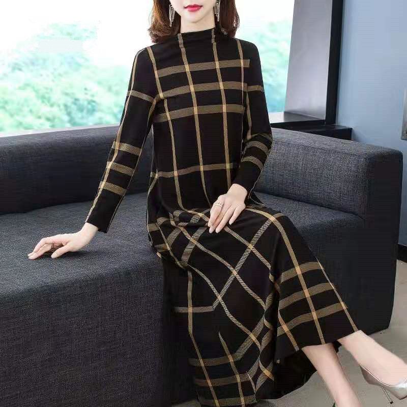 Autumn and Winter Women's Pullover High Collar Patchwork Printing Geometric Pocket Fashion Belly Covering Long Sleeve Dress