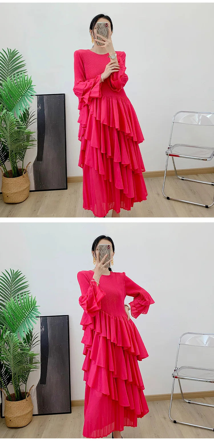 Miyake Spring 2024 Ruffles Pleated Dress Women Long Sleeves Fashion Solid Color High Waist Stitching Dresses Party Clothing New