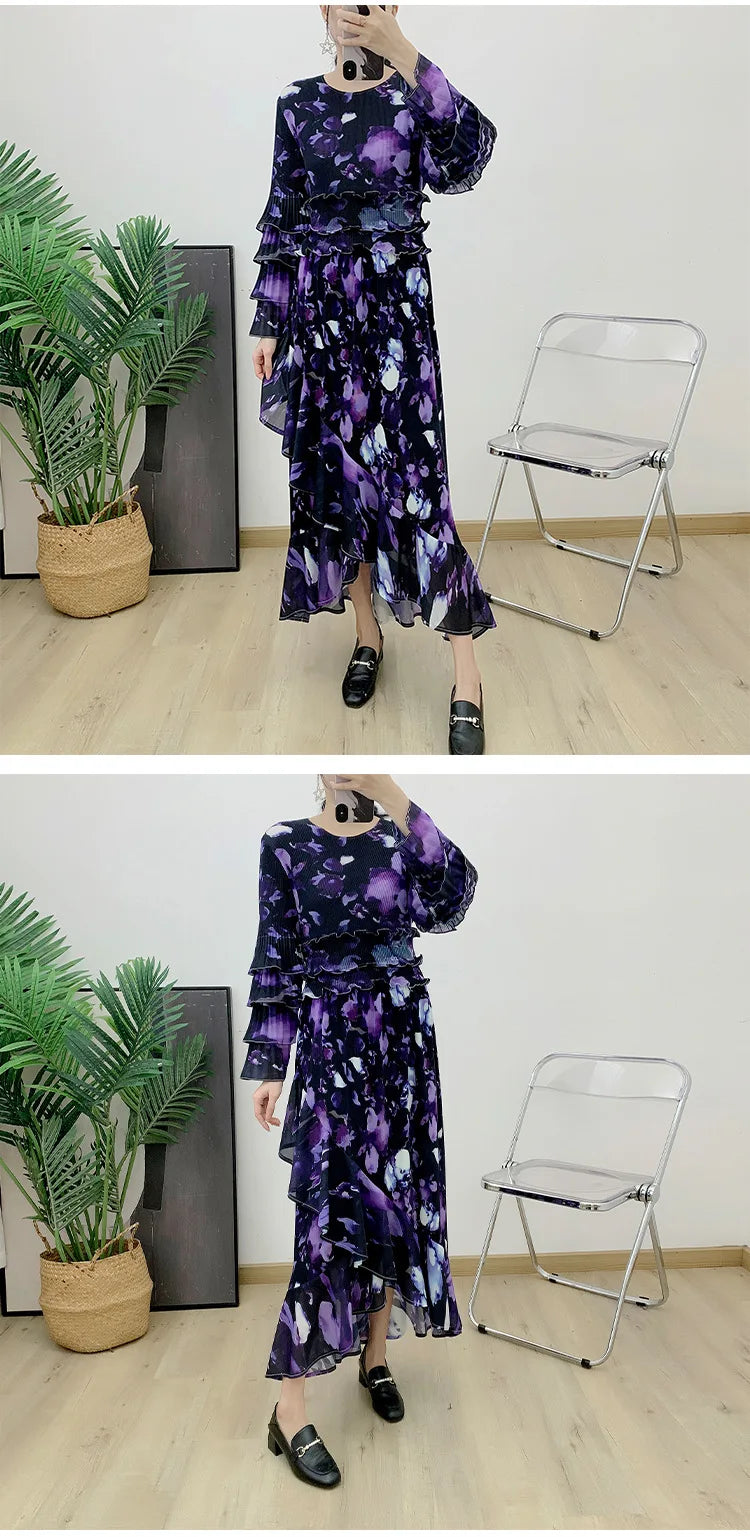 Ruffles Pleated Dress Women Contrast Color Print Long Sleeves Dresses Fashion