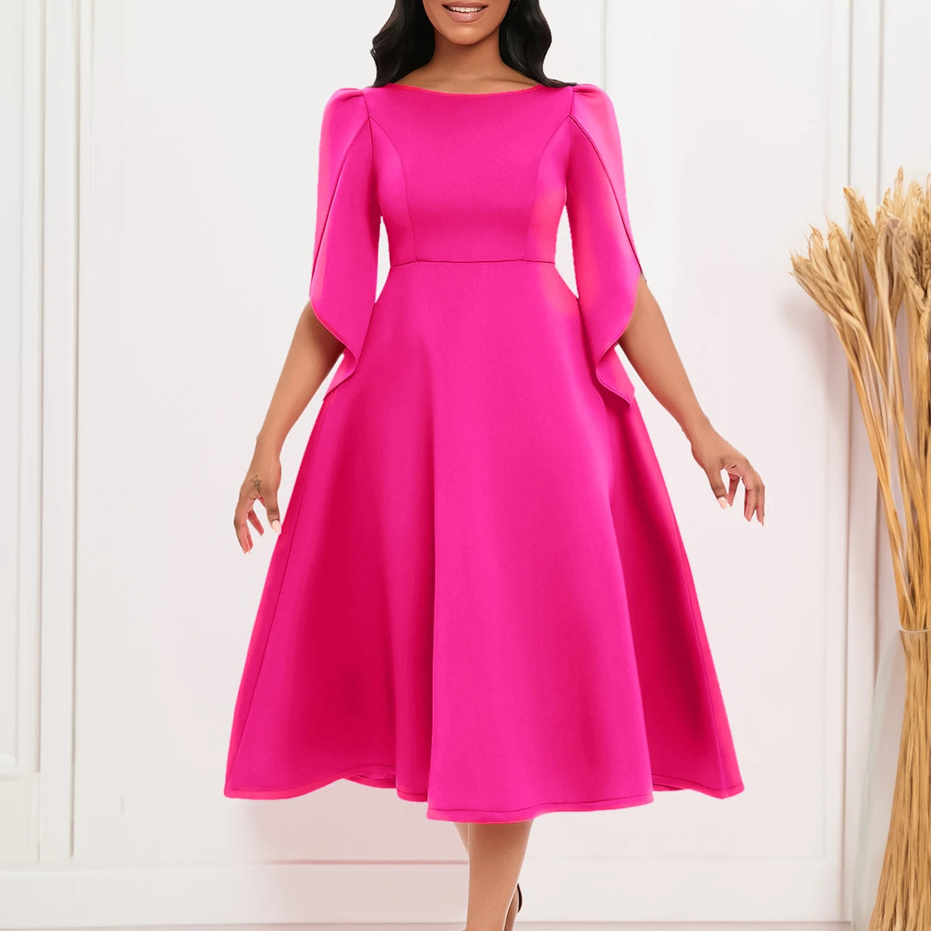 Elegant Ruffle Maxi Dress Women Solid O Neck High Waist 3/4 Sleeve Party Wedding Cocktail Long Dresses