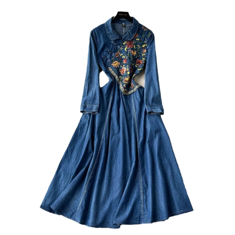 Autumn American Denim High Quality Cotton Retro Women's Embroidered Pan Button Cowboy Dress Fashion Waist Cowboy Skirt Look Thin